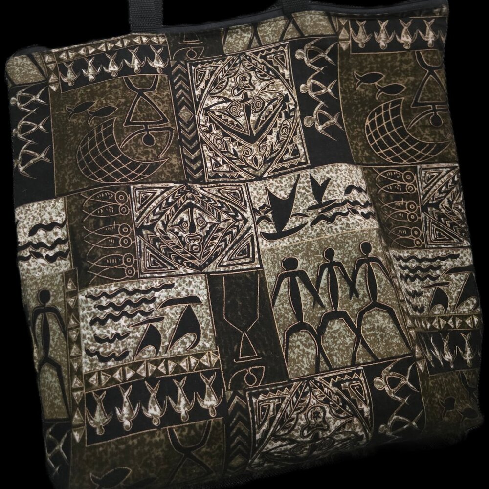 Tribal Print Canvas Tote Bag - African Primitive Art / Tapa Style - Black & Brow
